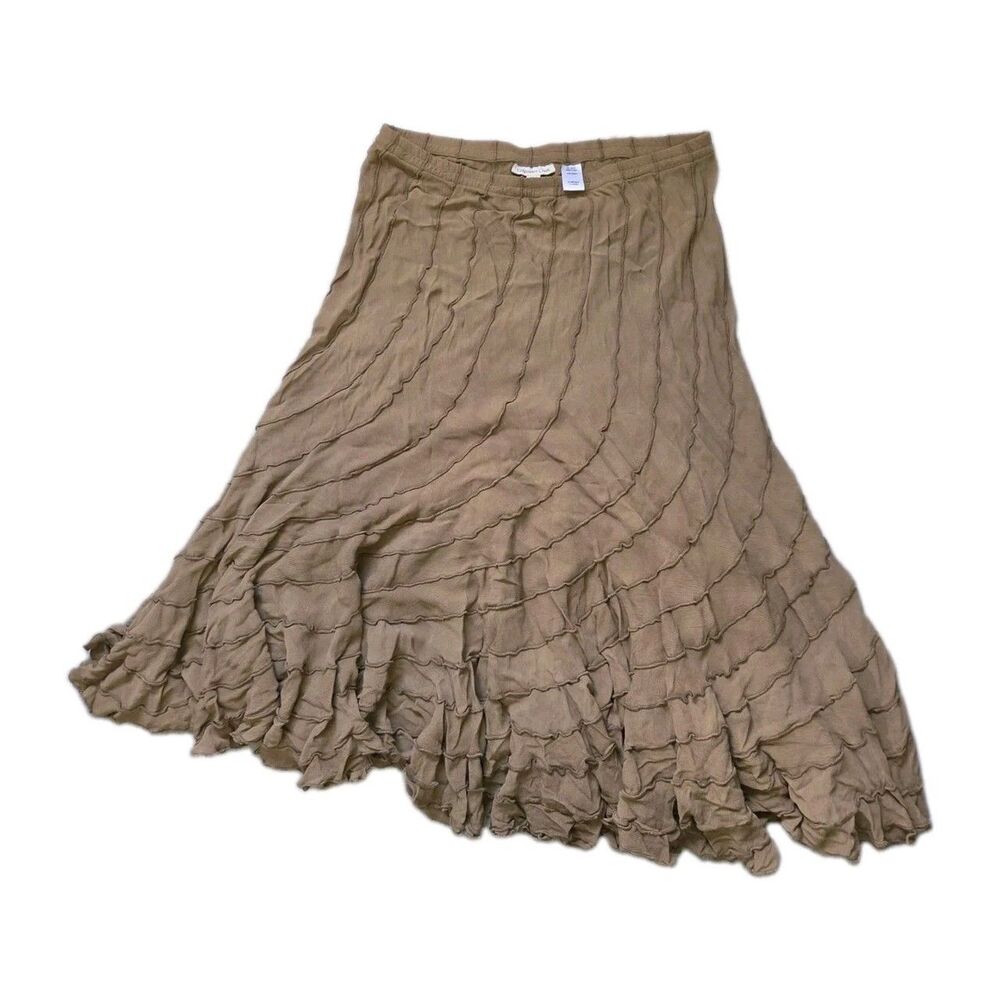 Coldwater Creek Brown Tiered Ruffle Midi Skirt Boho Flowy Rayon Size L 14-16 EUC
